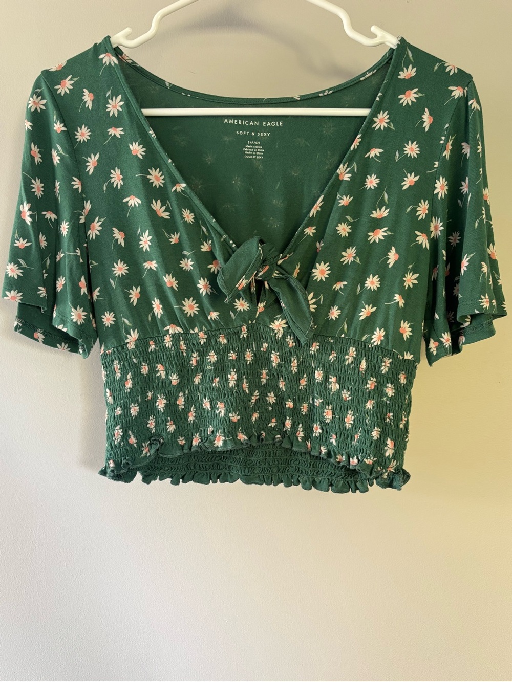 American Eagle Green Daisy Tie-Front Smocked Crop Top